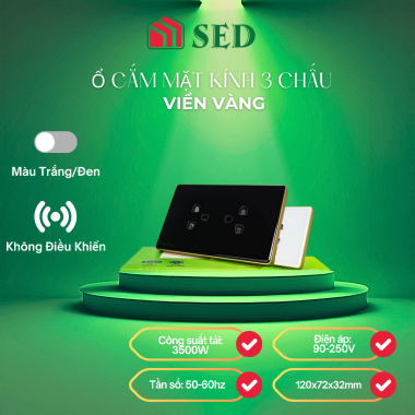 Ổ cắm mặt kính 3 chấu viền vàng cao cấp