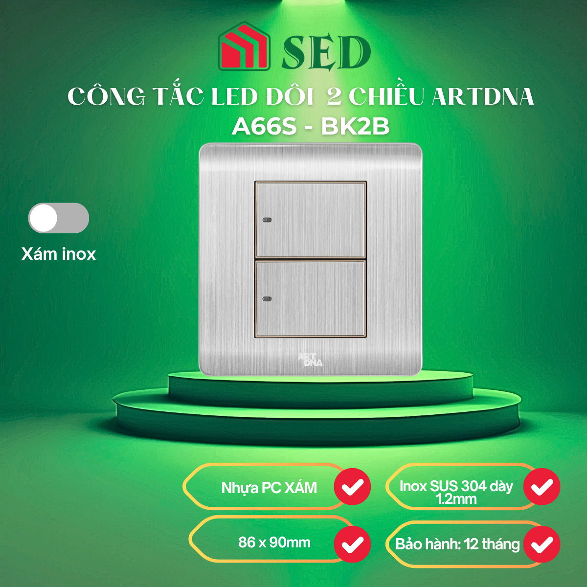 Công tắc led đôi 2 chiều ARTDNA A66S - BK2B