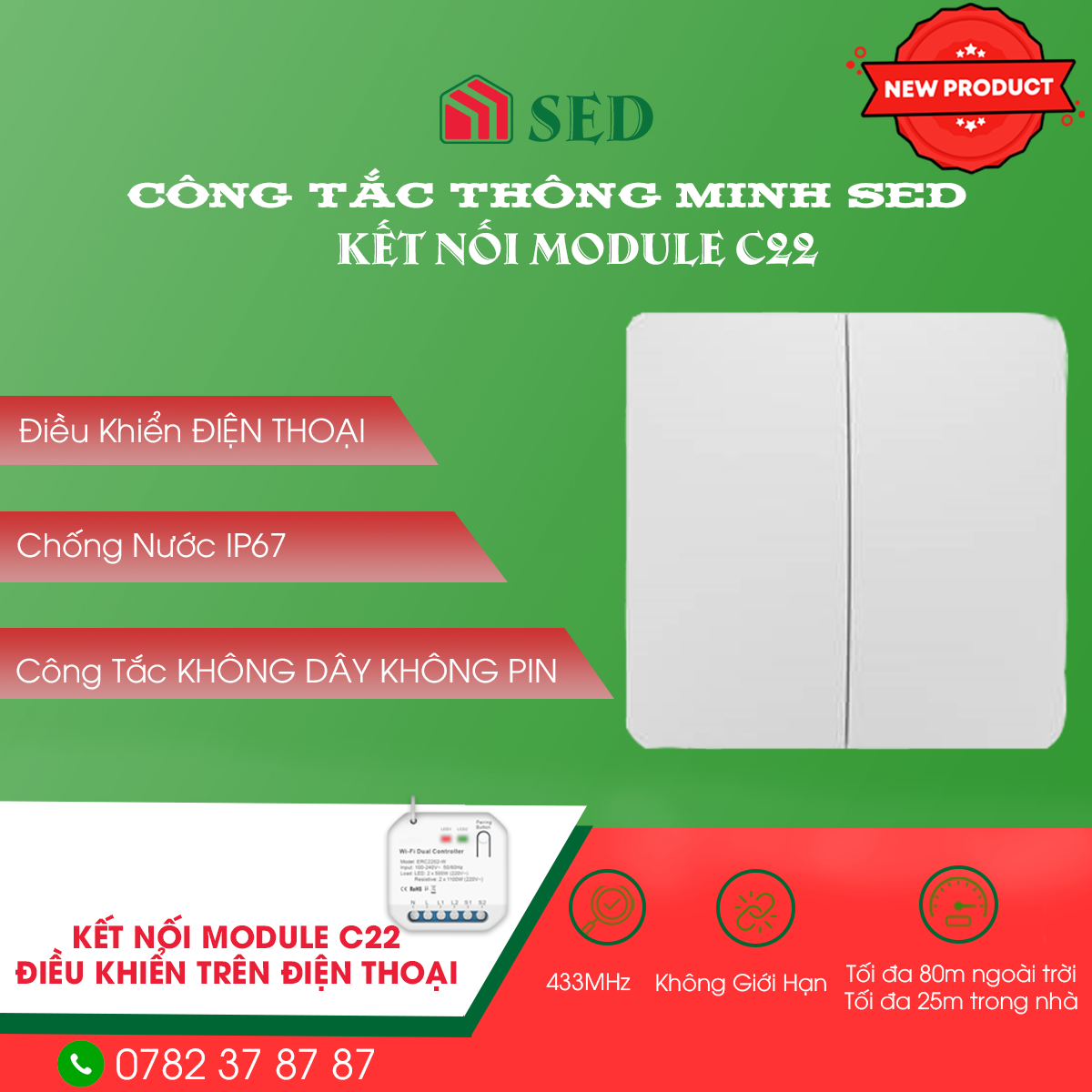 Công Tắc 2 Chiều Không Pin, Không Dây Hiện Đại