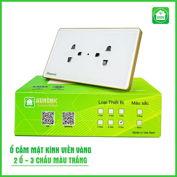 Ổ cắm mặt kính 3 chấu viền vàng